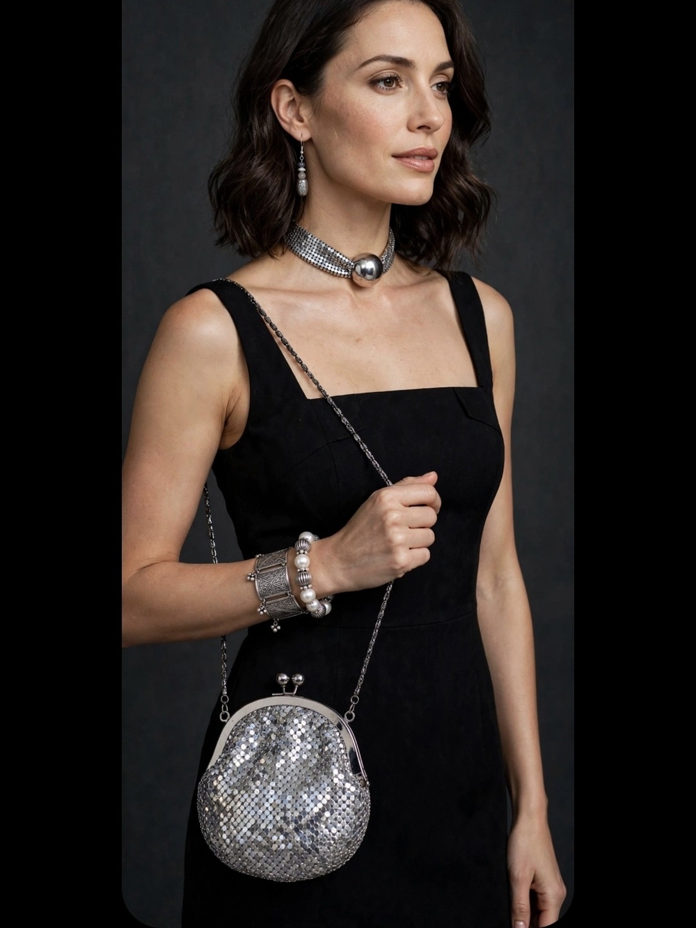 Silver Sequin Evening Crossbody Bag